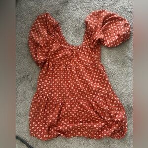 Rust Orange Puff Sleeve Mini Dress with White Dot Print